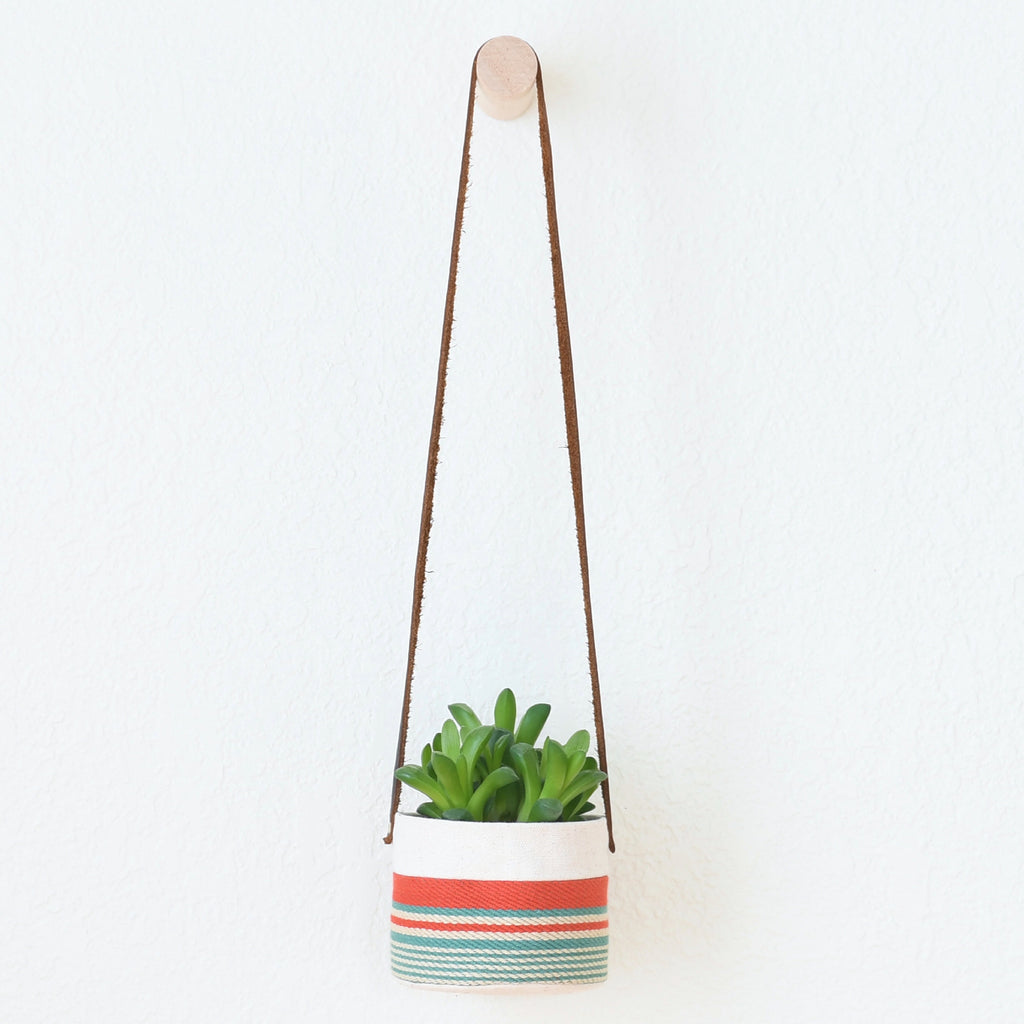 Small Natural Canvas Hanging Planter  |  Red + Blue 03