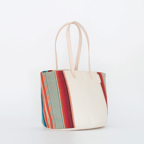 Natural Canvas Bucket Tote | Red + Blue