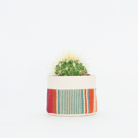 round canvas cotton fabric planter containers with plastic pots and saucers handmade in california corporate gifts wedding gifts event planning home garden