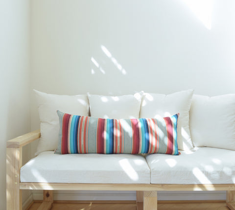 Natural Canvas Lumbar Pillow | Red + Blue