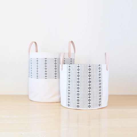 Medium Natural Canvas Bucket Basket | White