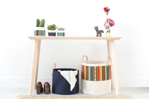 Large Natural Canvas Bucket Basket | Turquoise