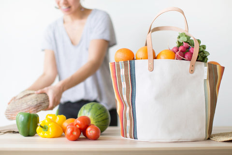 Natural Canvas Bucket Tote | Blue Stripe