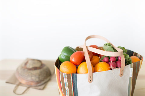 Natural Canvas Bucket Tote | Blue Stripe