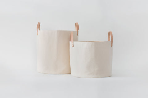 Medium Natural Canvas Bucket Basket | Red + Blue