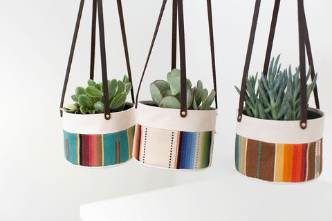Medium Natural Canvas Hanging Planter | Red + Blue 16