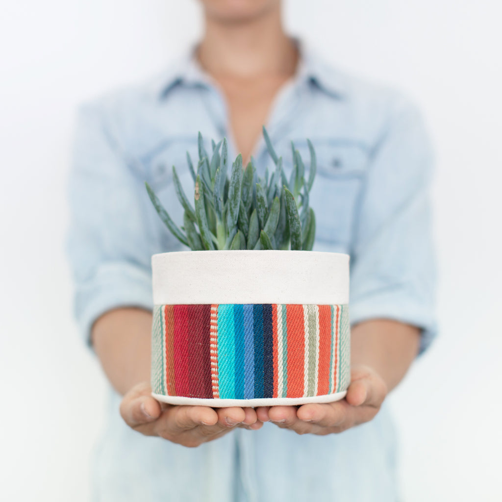 turquoise hanging planter Canvas Fabric Hanging Planter with Plastic Pot + Saucer