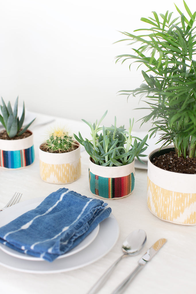 turquoise plant pots Canvas Fabric Hanging Planter with Plastic Pot + Saucer