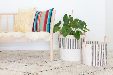 Medium Natural Canvas Bucket Basket | Red + Blue