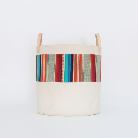 Large Natural Canvas Bucket Basket | Red + Blue
