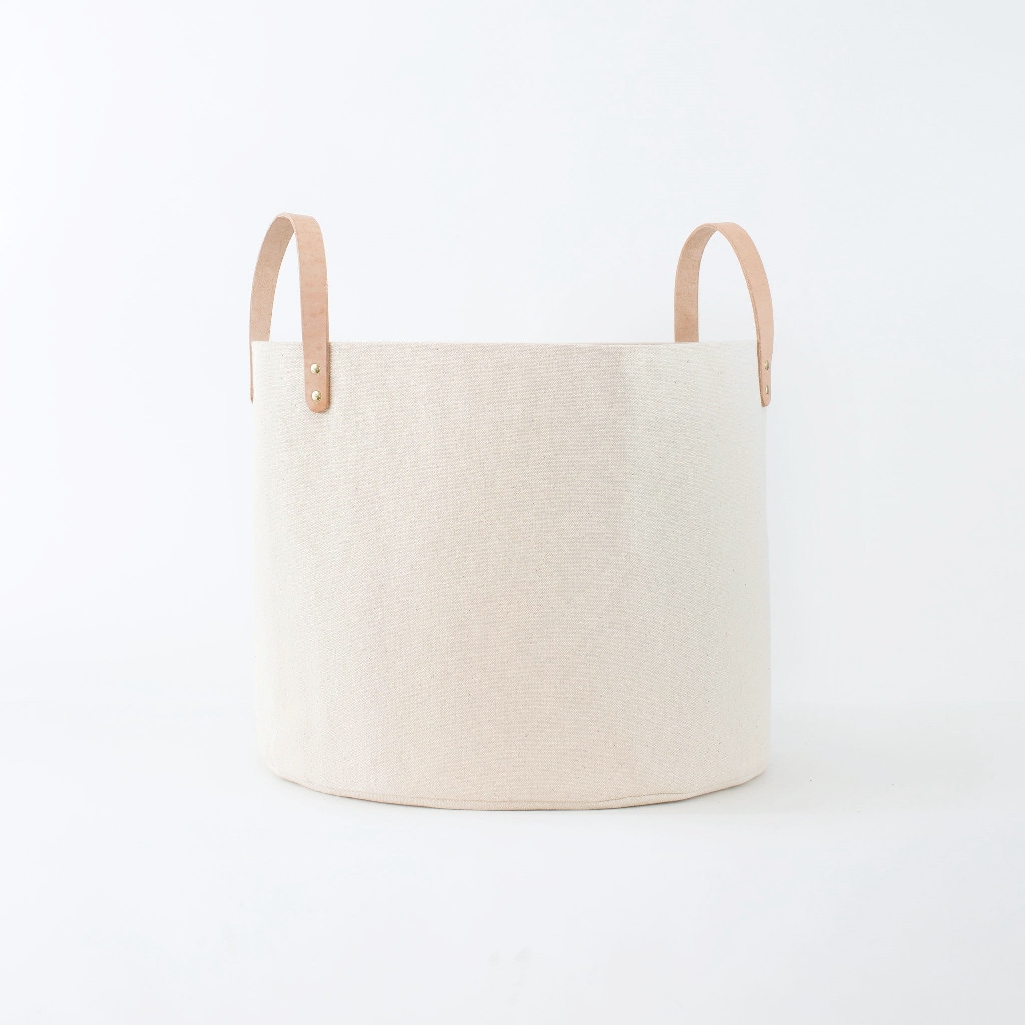 Sturdy Canvas Fabric Round Baskets with Leather Handles Natural