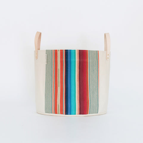 Medium Natural Canvas Bucket Basket | Red + Blue