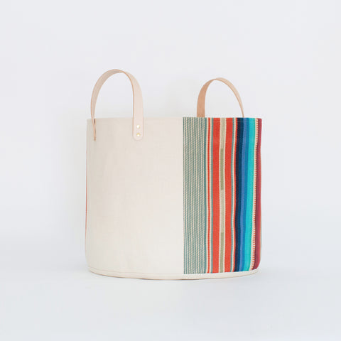 Medium Natural Canvas Bucket Basket | Red + Blue