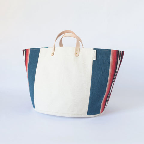 Medium Natural Canvas Bucket Basket | Blue Stripe