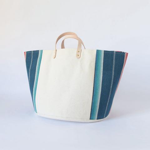 Medium Natural Canvas Bucket Basket | Blue Stripe