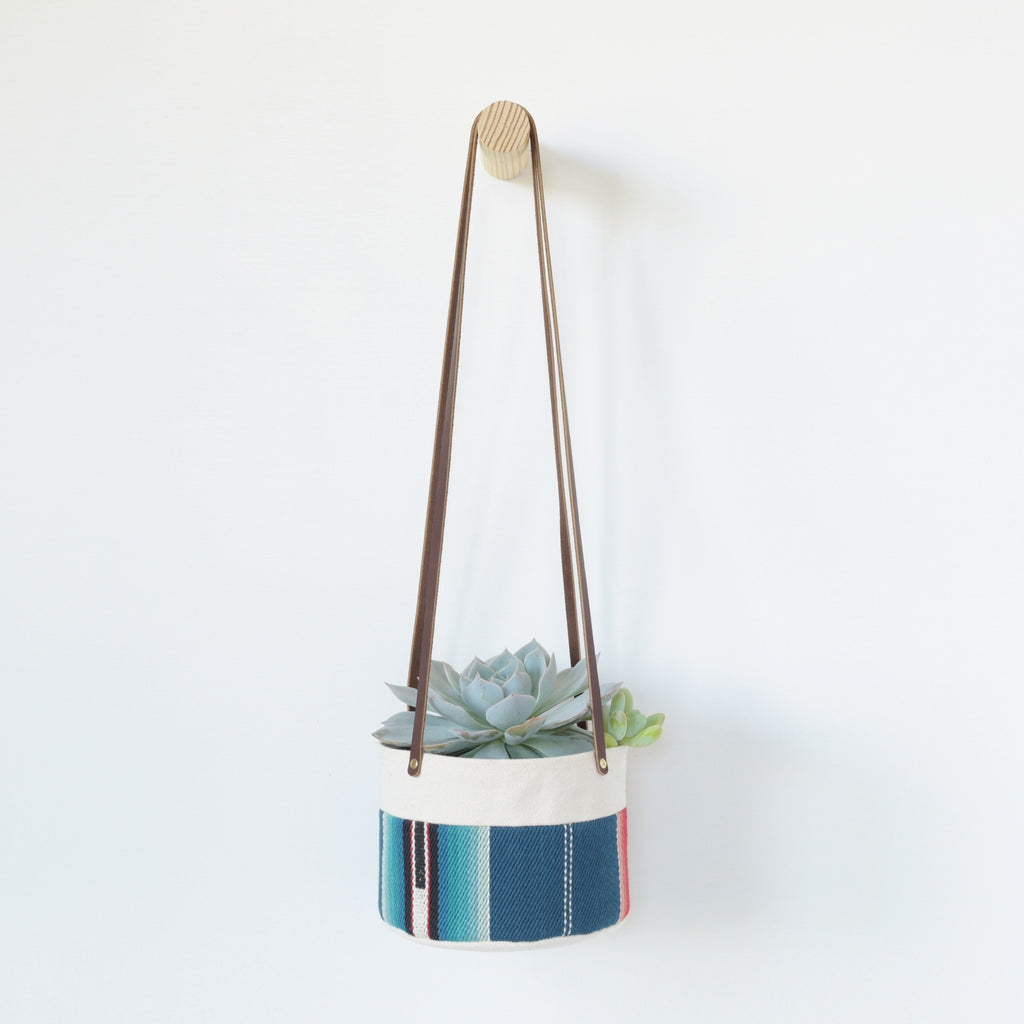 Medium Natural Canvas Hanging Planter | Blue Stripe