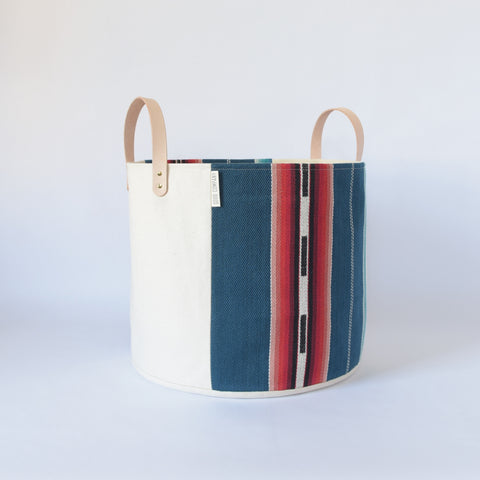 Medium Natural Canvas Bucket Basket | Blue Stripe