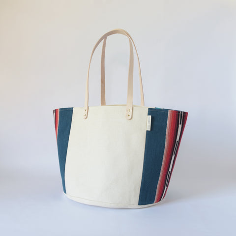 Natural Canvas Bucket Tote | Blue Stripe