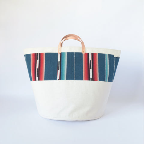 Large Natural Canvas Bucket Basket | Blue Stripe