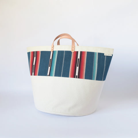 Large Natural Canvas Bucket Basket | Blue Stripe