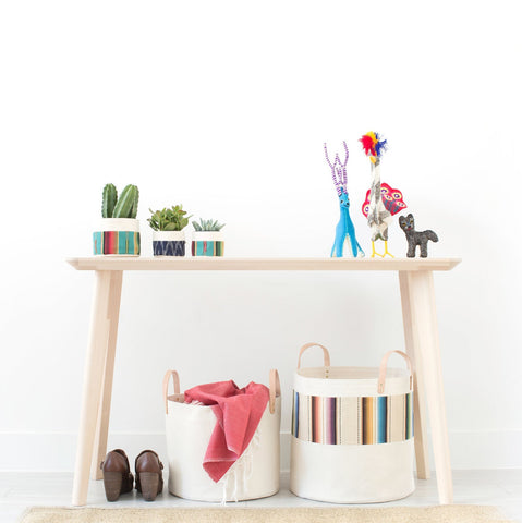 Medium Natural Canvas Bucket Basket | White
