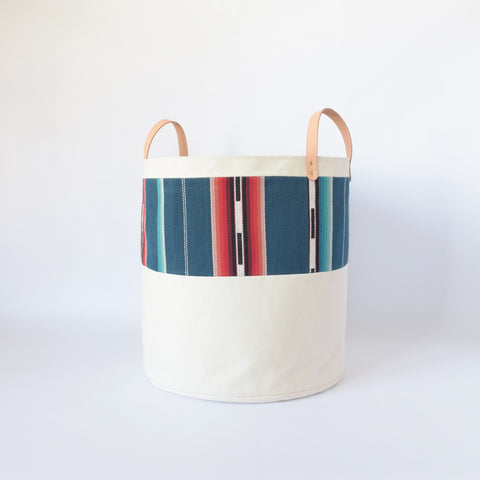 Large Natural Canvas Bucket Basket | Blue Stripe